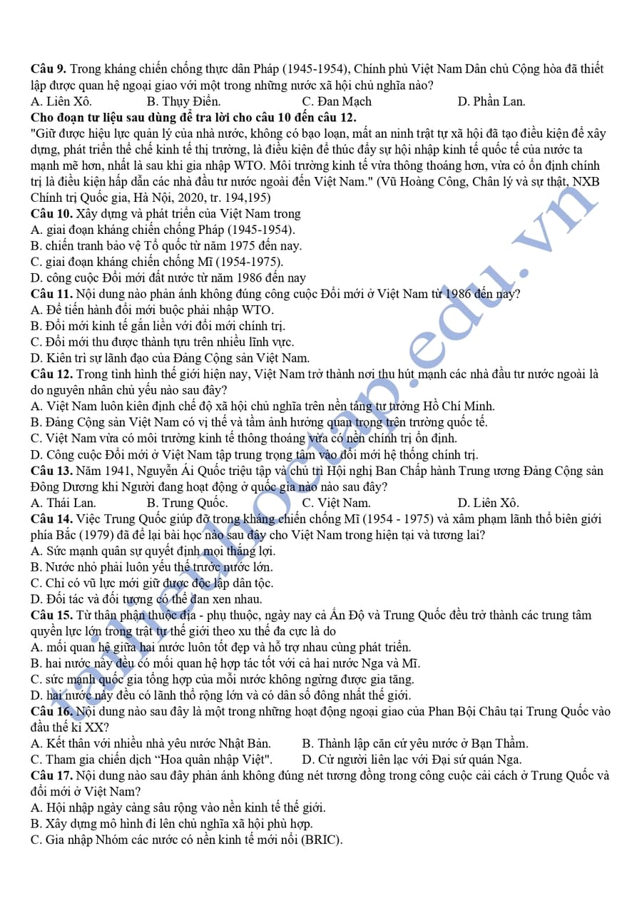 Đề thi thử lịch sử thptqg 2025 tỉnh Long An 2