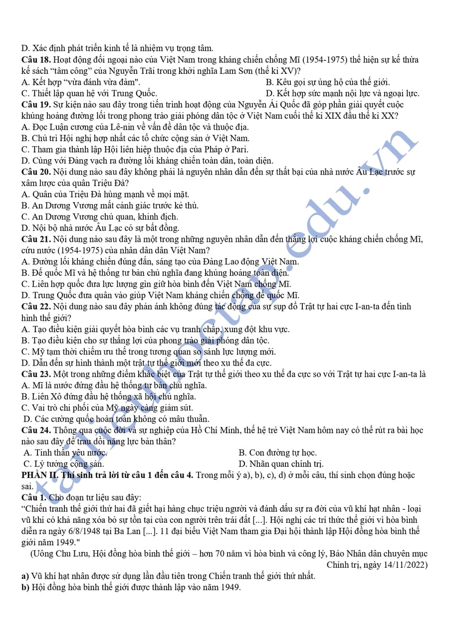 Đề thi thử lịch sử thptqg 2025 tỉnh Long An 3