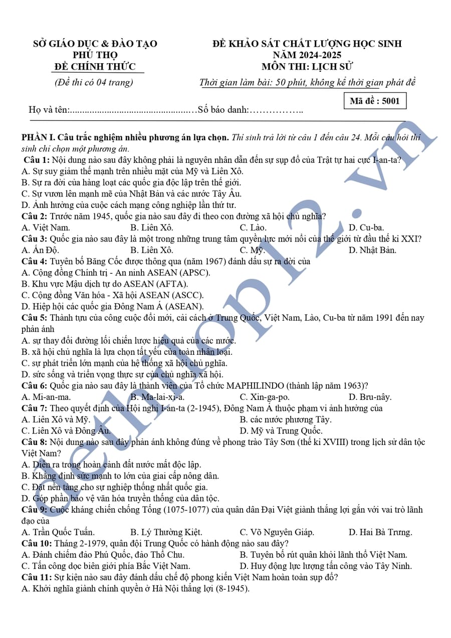 Đề thi kscl môn sử lớp 12 Phú Thọ 2025 lần 2 