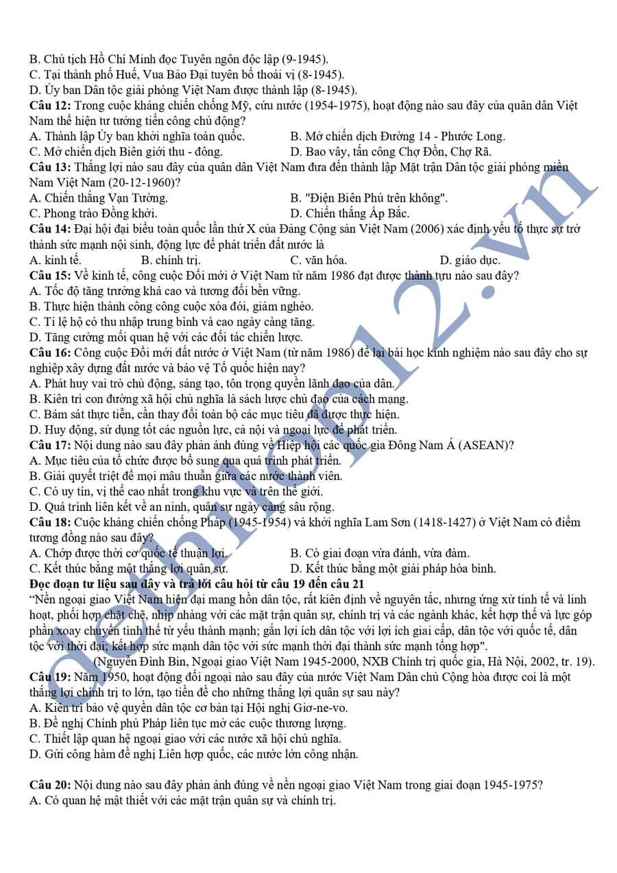 Đề thi kscl môn sử lớp 12 Phú Thọ 2025 lần 2  2