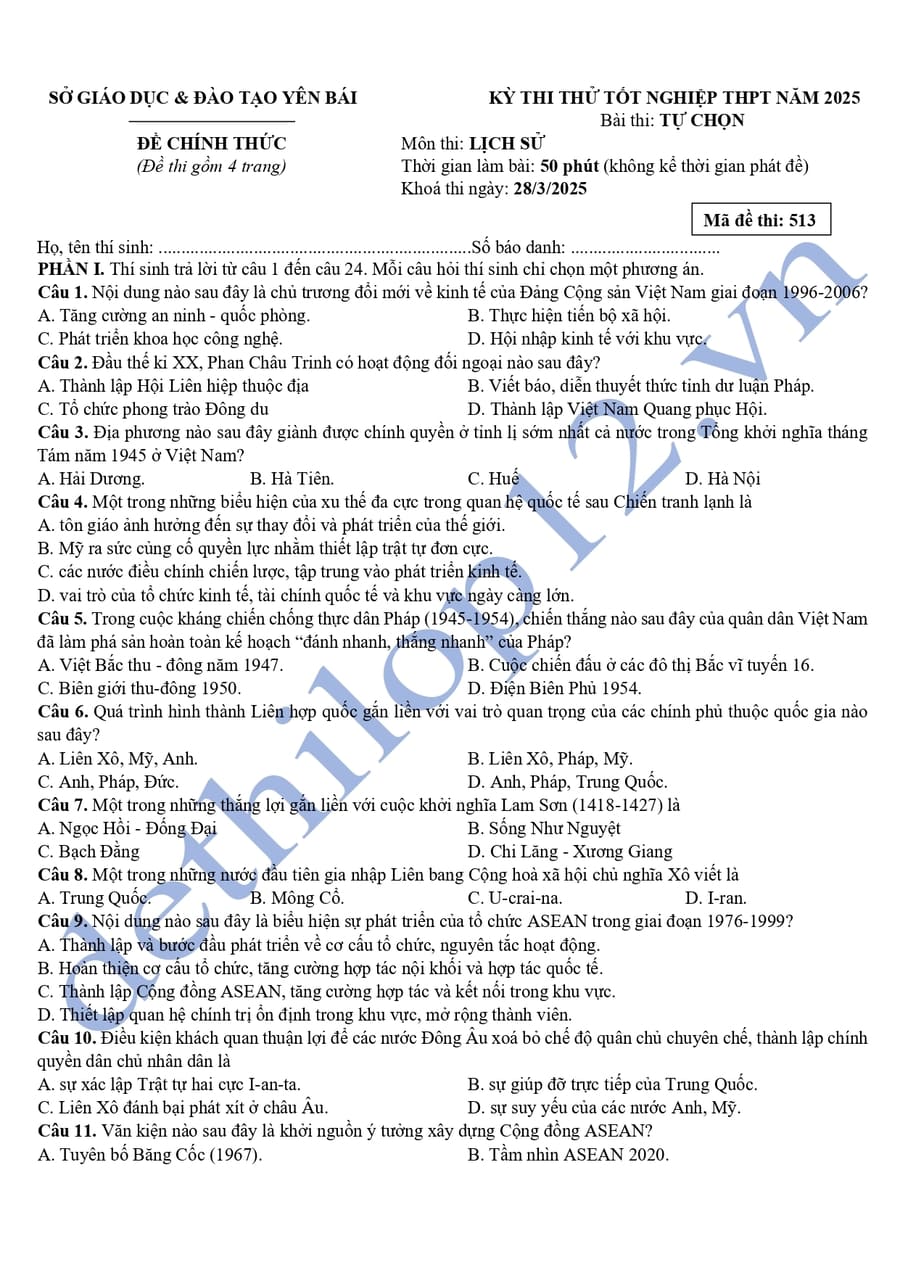 Đề thi thử tốt nghiệp môn sử Yên Bái 2025 