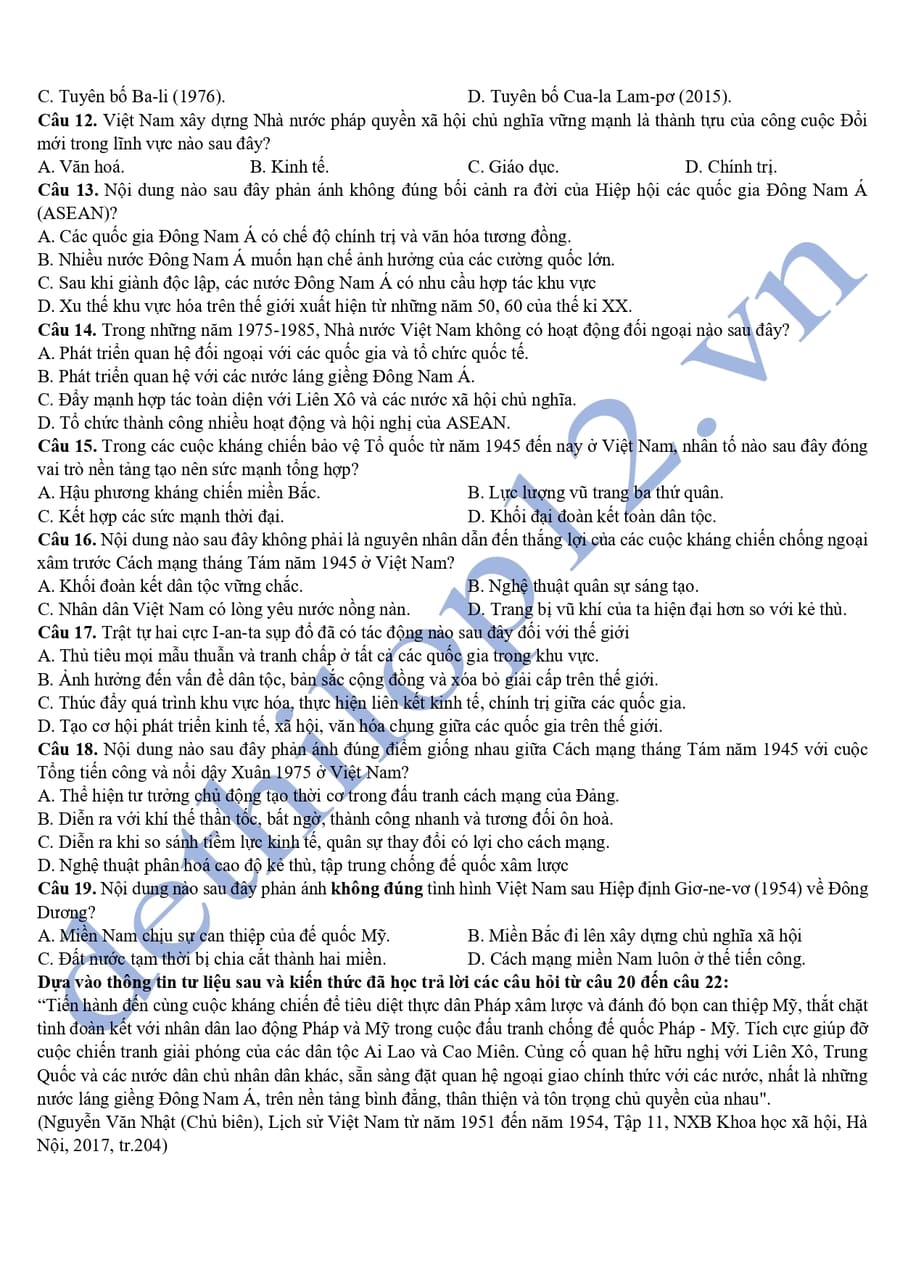 Đề thi thử tốt nghiệp môn sử Yên Bái 2025  2