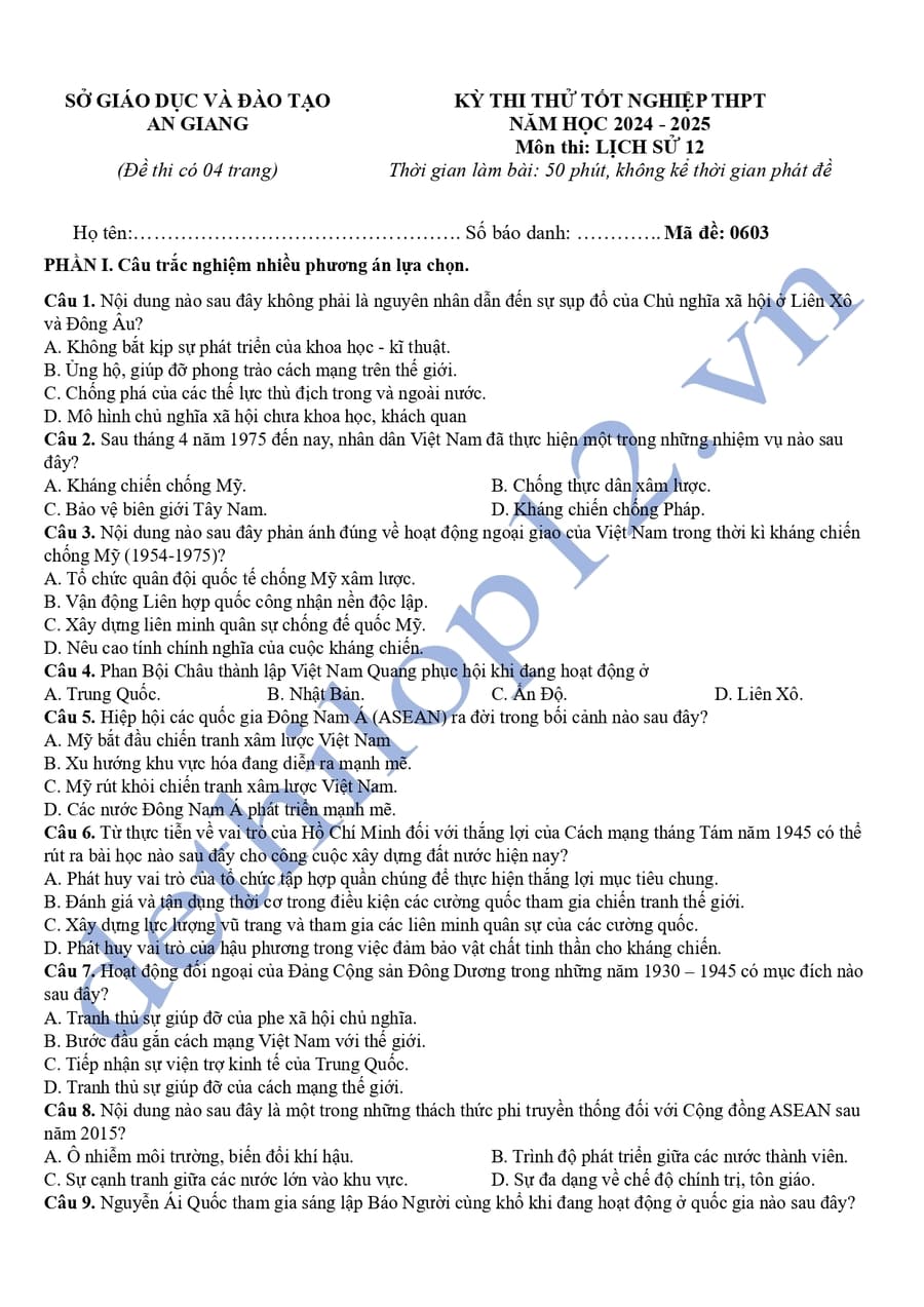Đề thi thử tốt nghiệp môn sử An Giang 2025 có đáp án