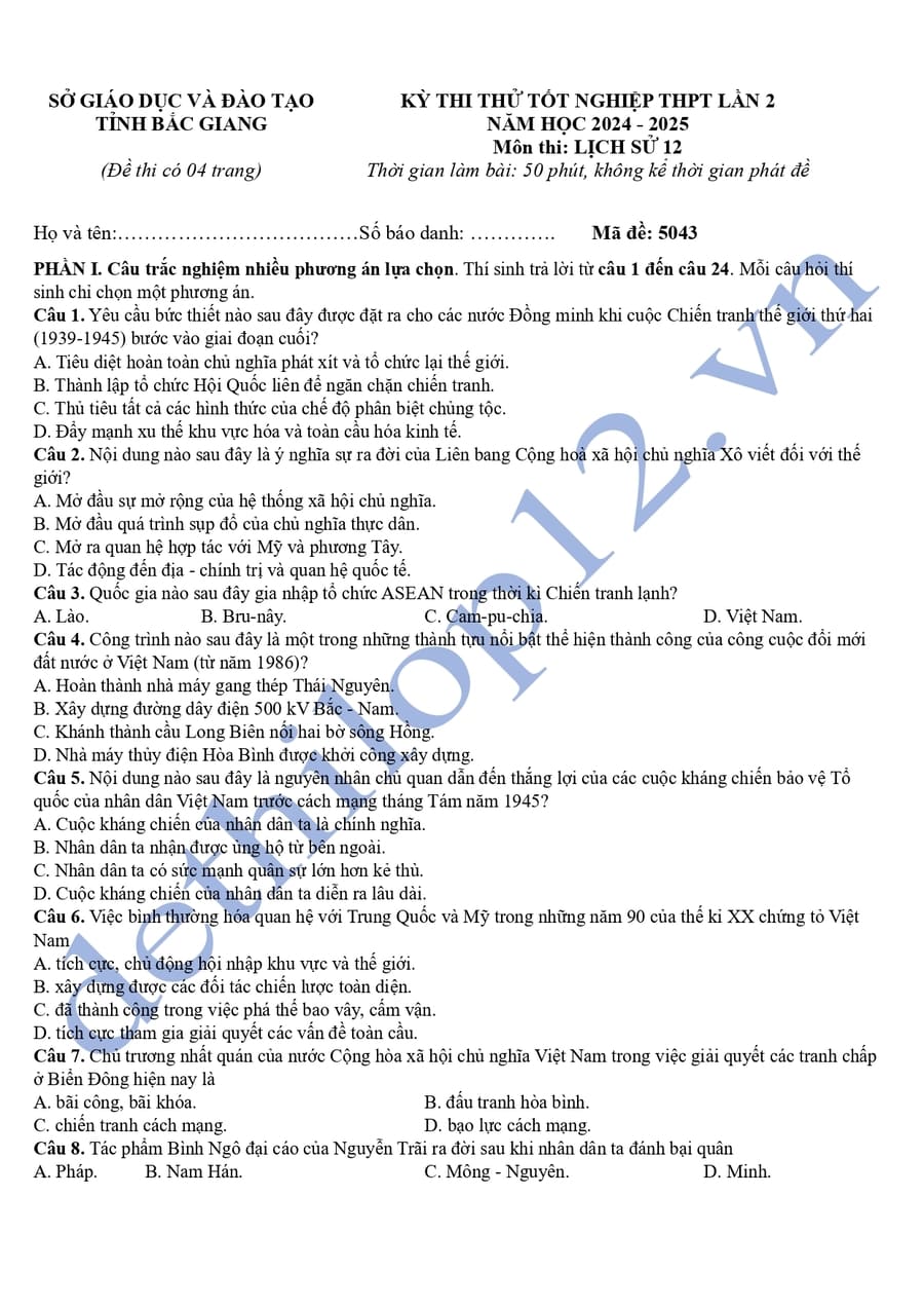 Đề thi thử lịch sử thpt Bắc Giang 2025 lần 2 