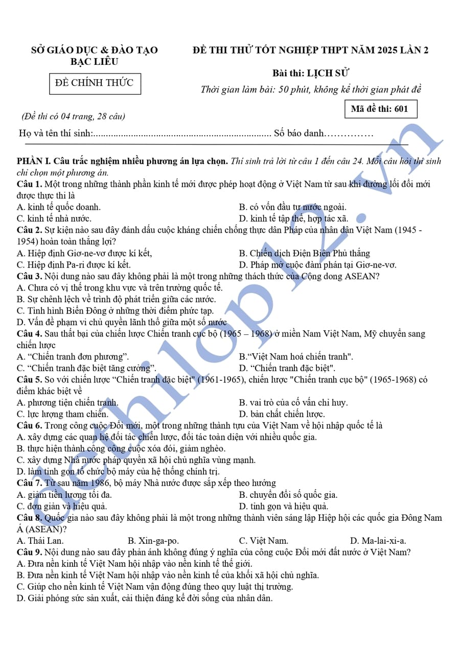 Đề thi thử tốt nghiệp lịch sử Bạc Liêu 2025 lần 2