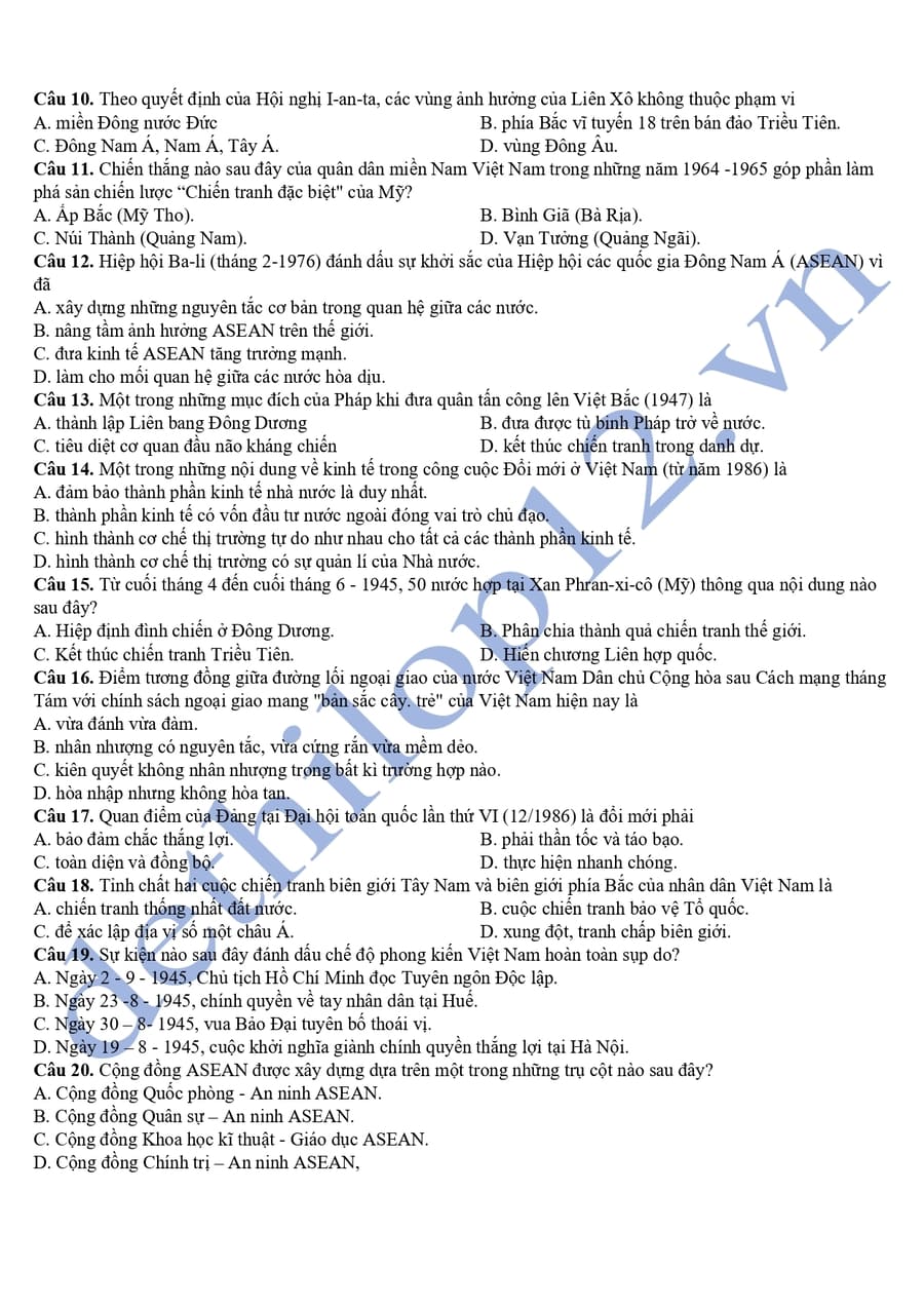 Đề thi thử tốt nghiệp lịch sử Bạc Liêu 2025 lần 2 2