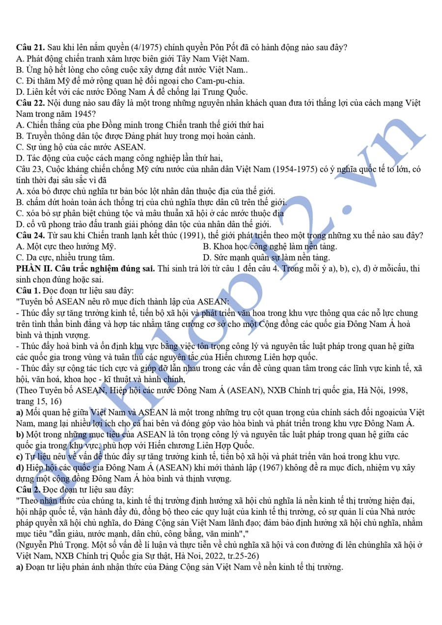 Đề thi thử tốt nghiệp lịch sử Bạc Liêu 2025 lần 2 2