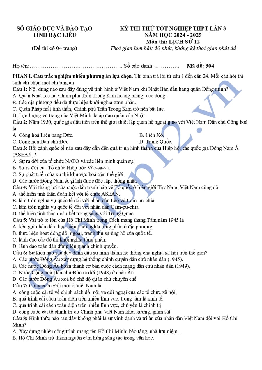 Đáp án Đề thi thử tốt nghiệp lịch sử Bạc Liêu 2025 lần 2
