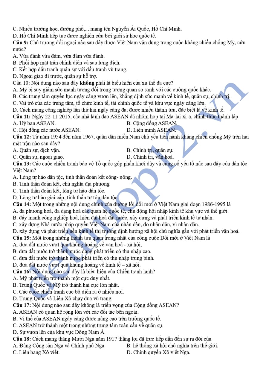 Đáp án Đề thi thử tốt nghiệp lịch sử Bạc Liêu 2025 lần 3