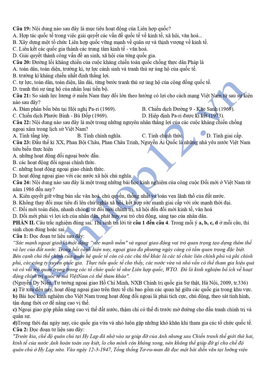 Đáp án Đề thi thử tốt nghiệp lịch sử Bạc Liêu 2025 lần 3 3