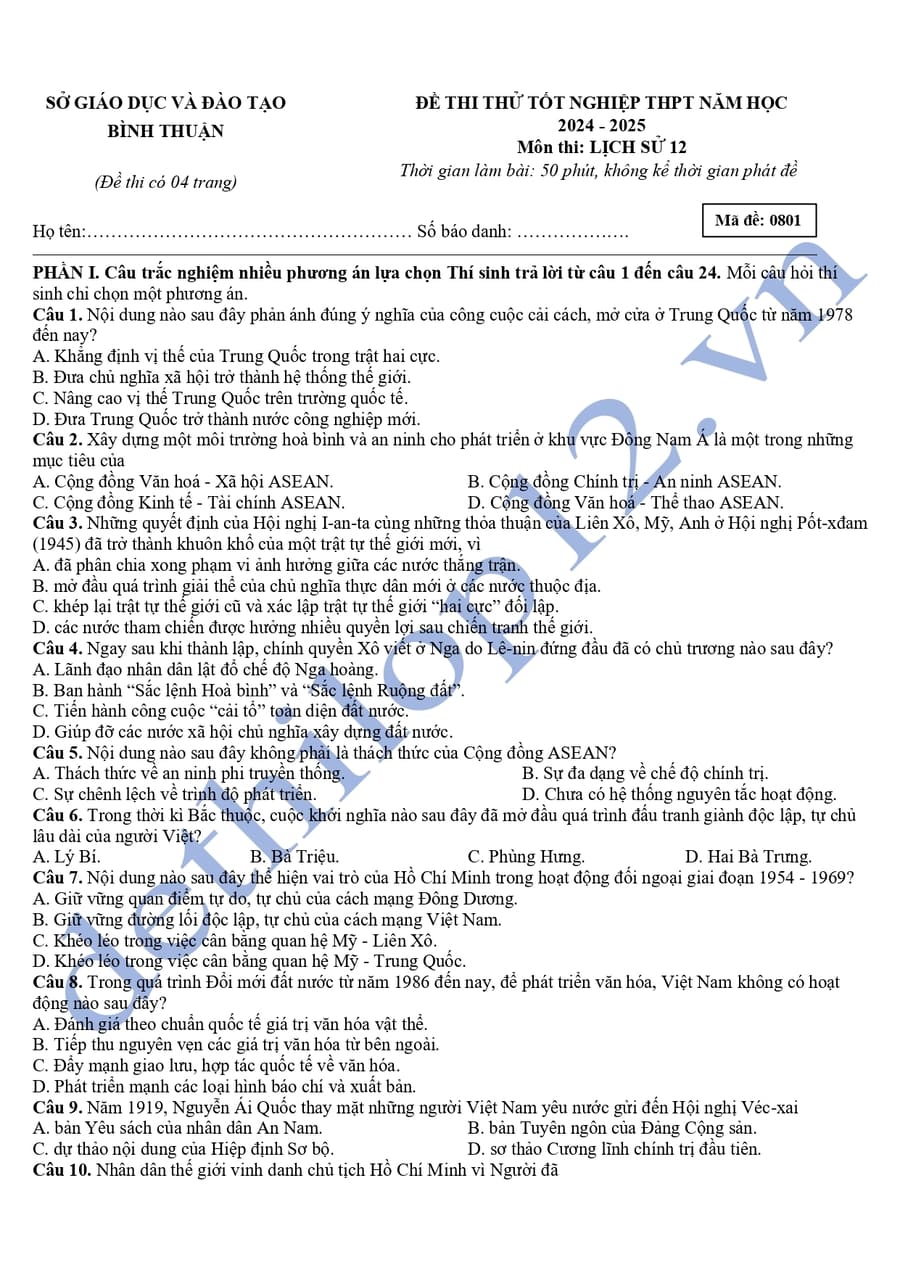 Đề thi thử tốt nghiệp môn sử Bình Thuận 2025 