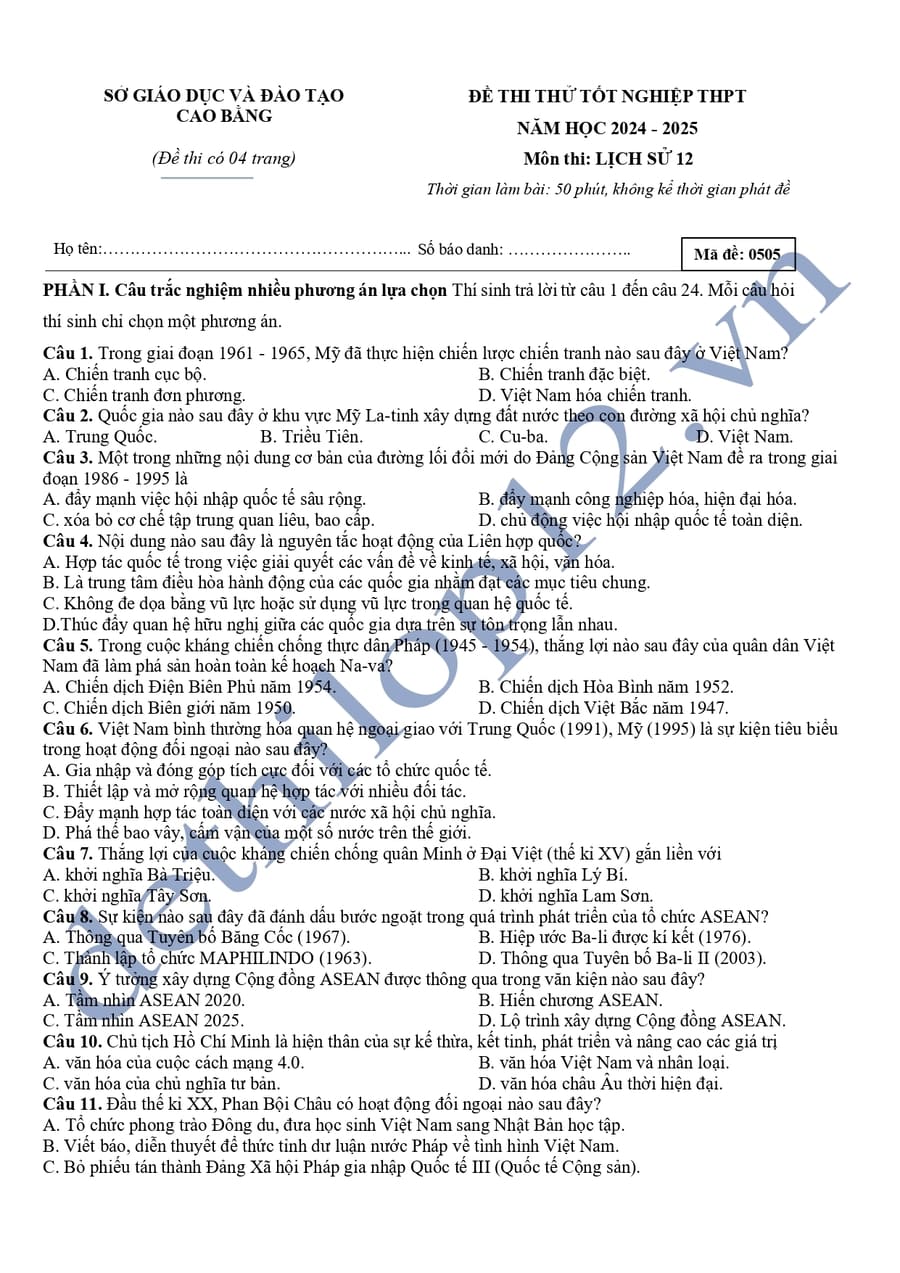 Đề thi thử lịch sử thptq 2025 tỉnh Cao Bằng 