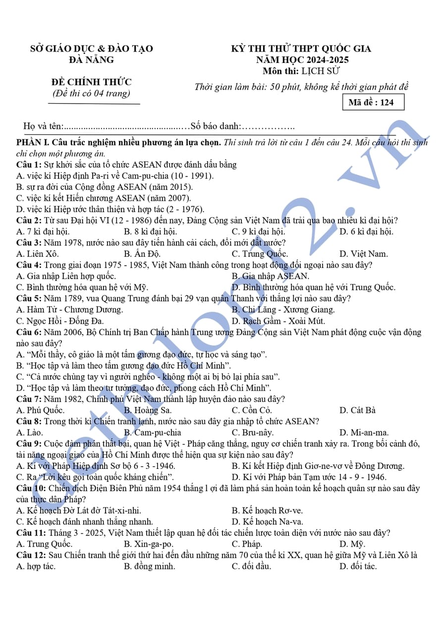 Đề thi thử tốt nghiệp môn sử Đà Nẵng 2025