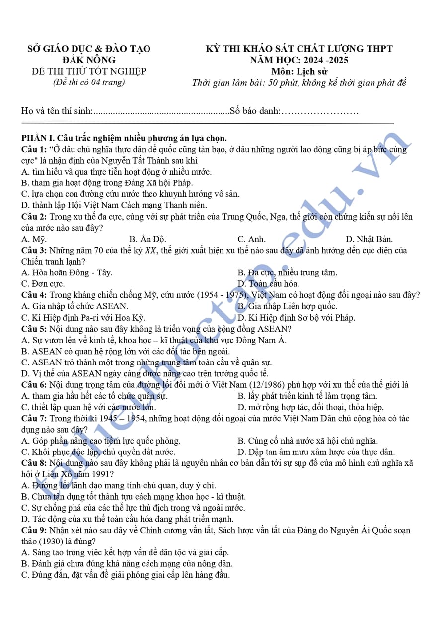 Đề thi thử sử thpt quốc gia 2025 Đắk Nông 4