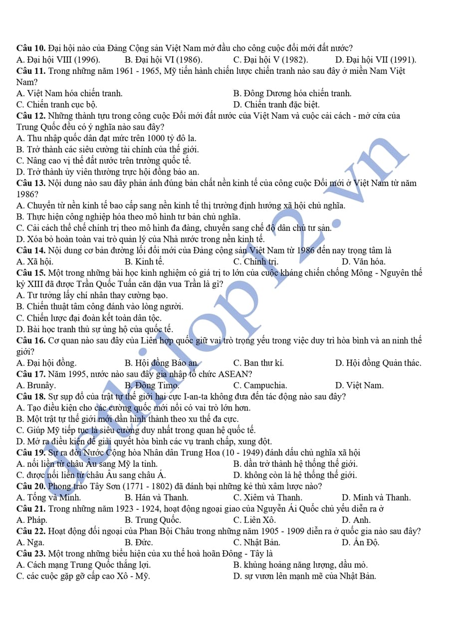 Đề thi thử tốt nghiệp môn sử 2025 Điện Biên có đáp án 2