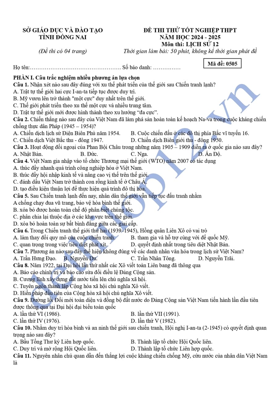 Đề thi tốt nghiệp môn sử tỉnh Đồng Nai 2025 