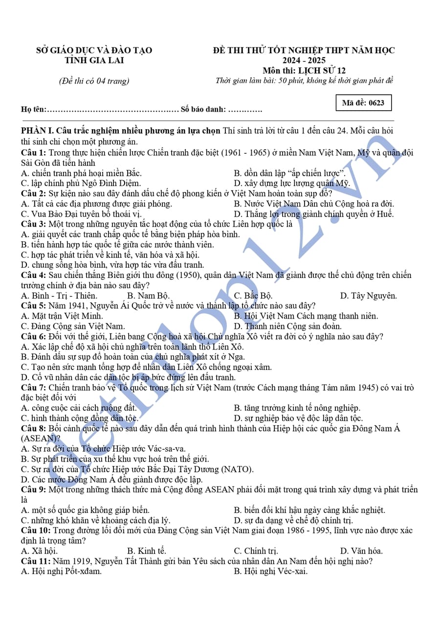 Đề thi thử tốt nghiệp môn sử Gia Lai 2025 có đáp án
