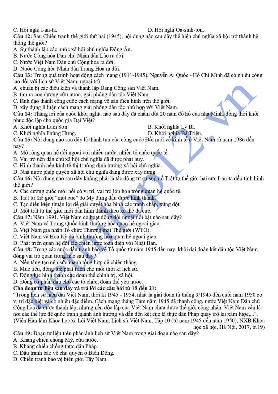 Đề thi thử tốt nghiệp môn sử Gia Lai 2025 có đáp án 2