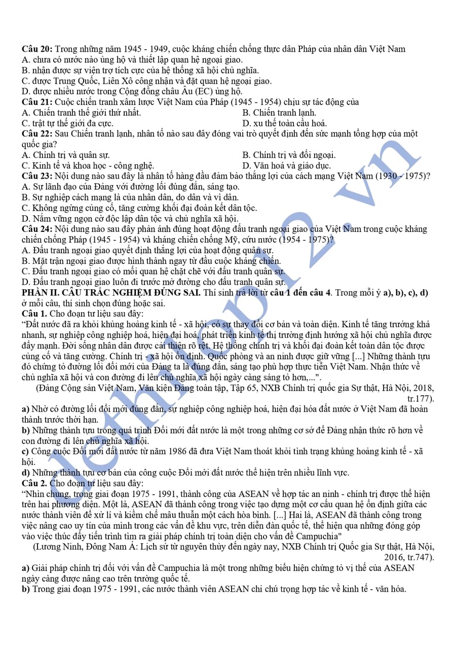 Đề thi thử tốt nghiệp môn sử Gia Lai 2025 có đáp án 3