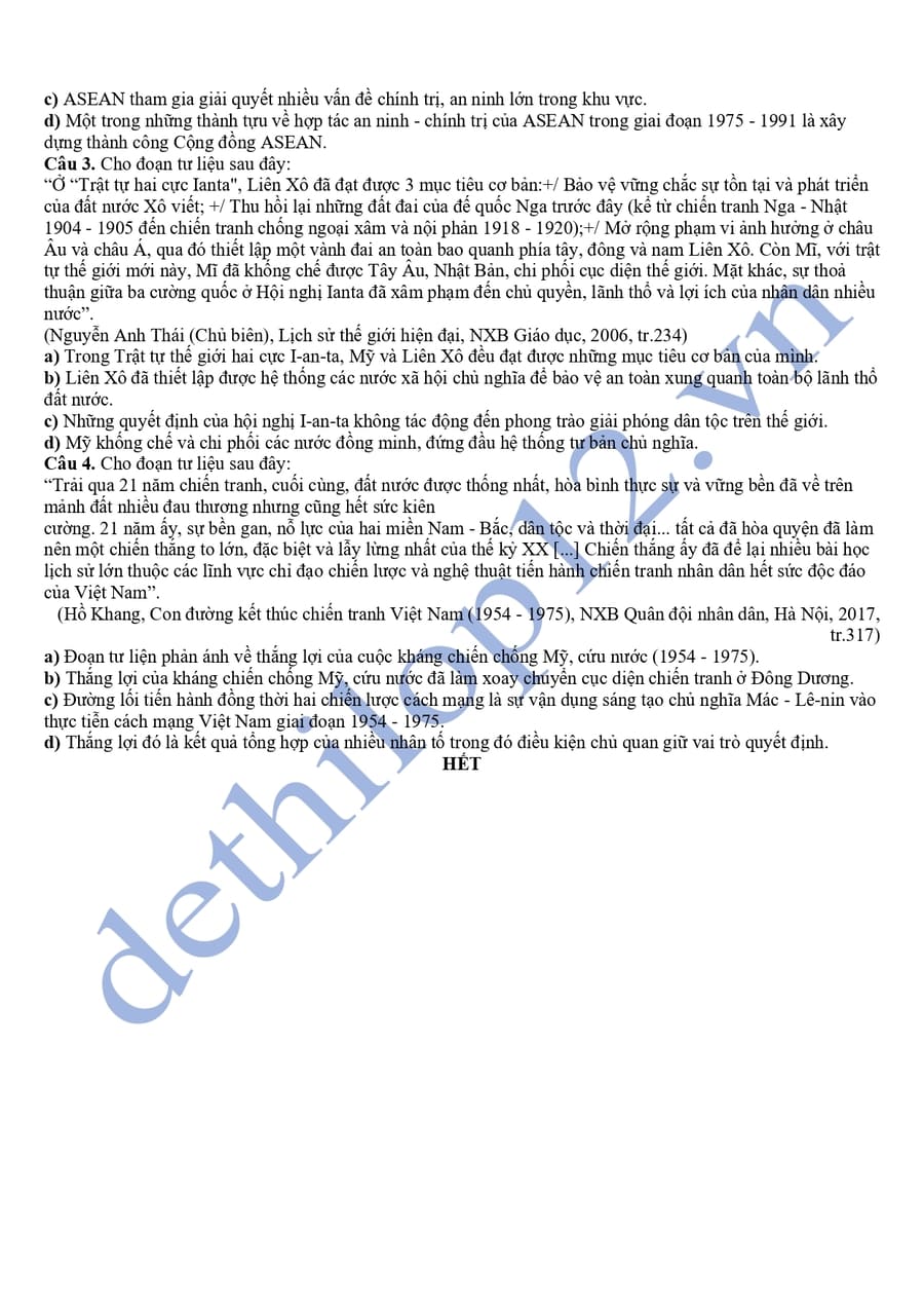 Đề thi thử tốt nghiệp môn sử Gia Lai 2025 có đáp án 4