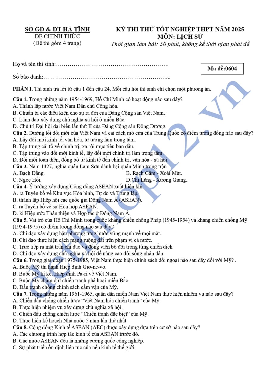 Đề thi thử thptqg môn sử Hà Tĩnh 2025 lần 3