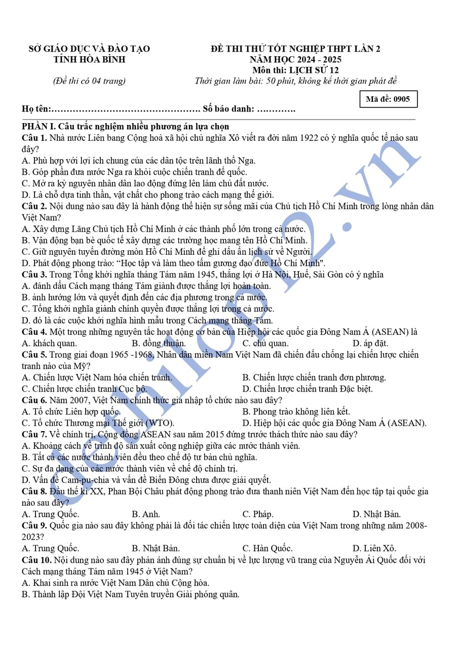 Đề thi thử tốt nghiệp môn sử Hoà Bình 2025 lần 2