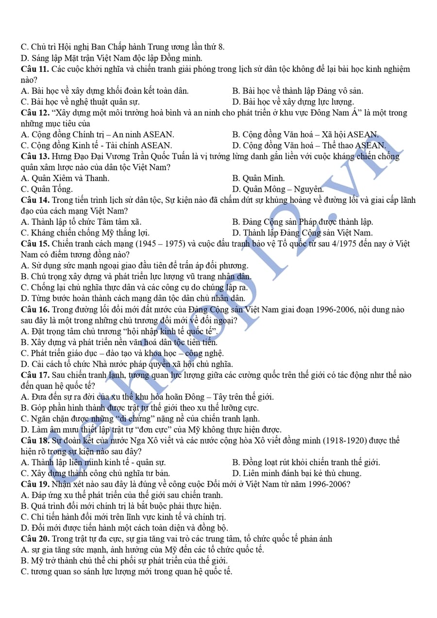 Đề thi thử tốt nghiệp môn sử Hoà Bình 2025 lần 2 2