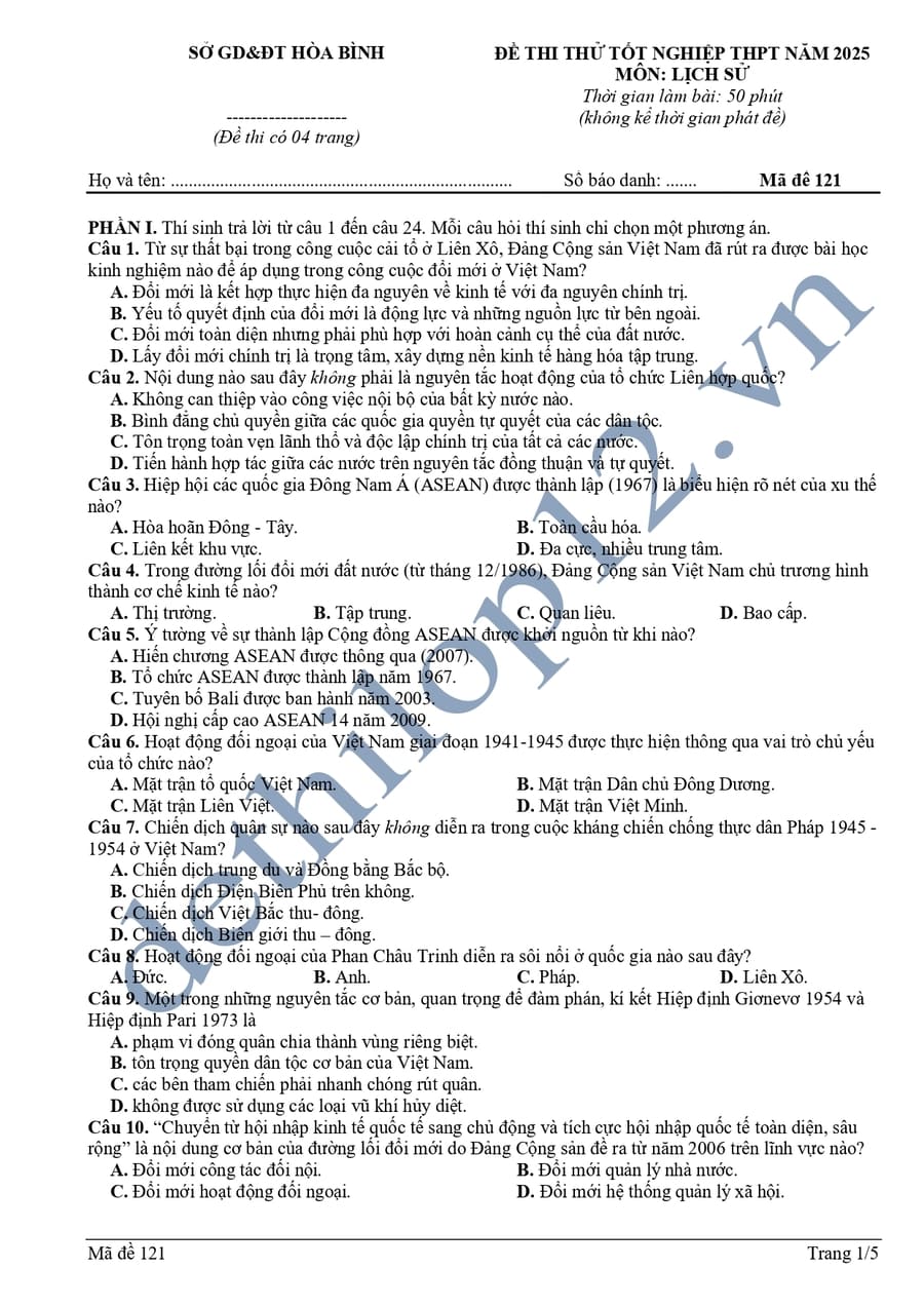 Đề thi thử tốt nghiệp môn sử Hoà Bình 2025 lần 1