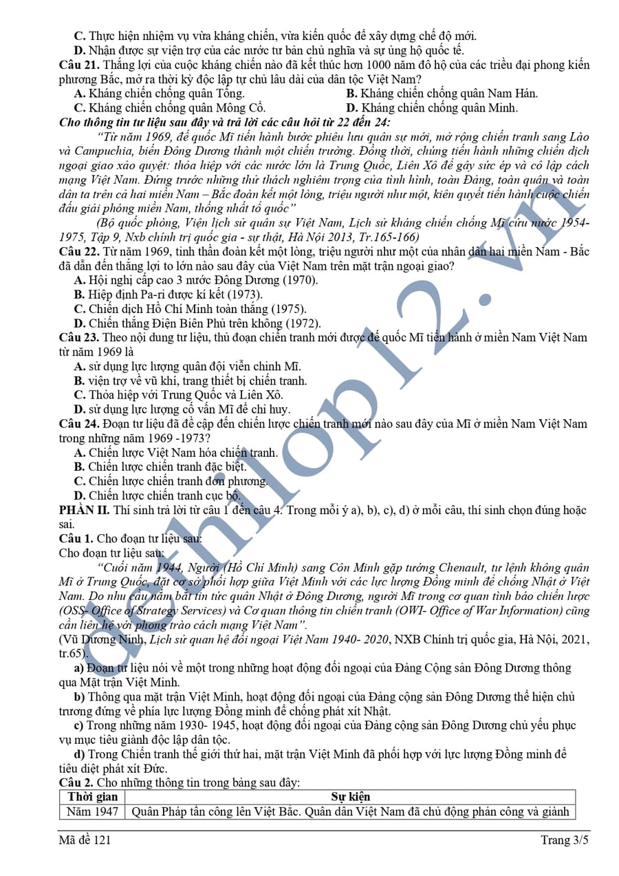 Đề thi thử tốt nghiệp môn sử Hoà Bình 2025 lần 1 3
