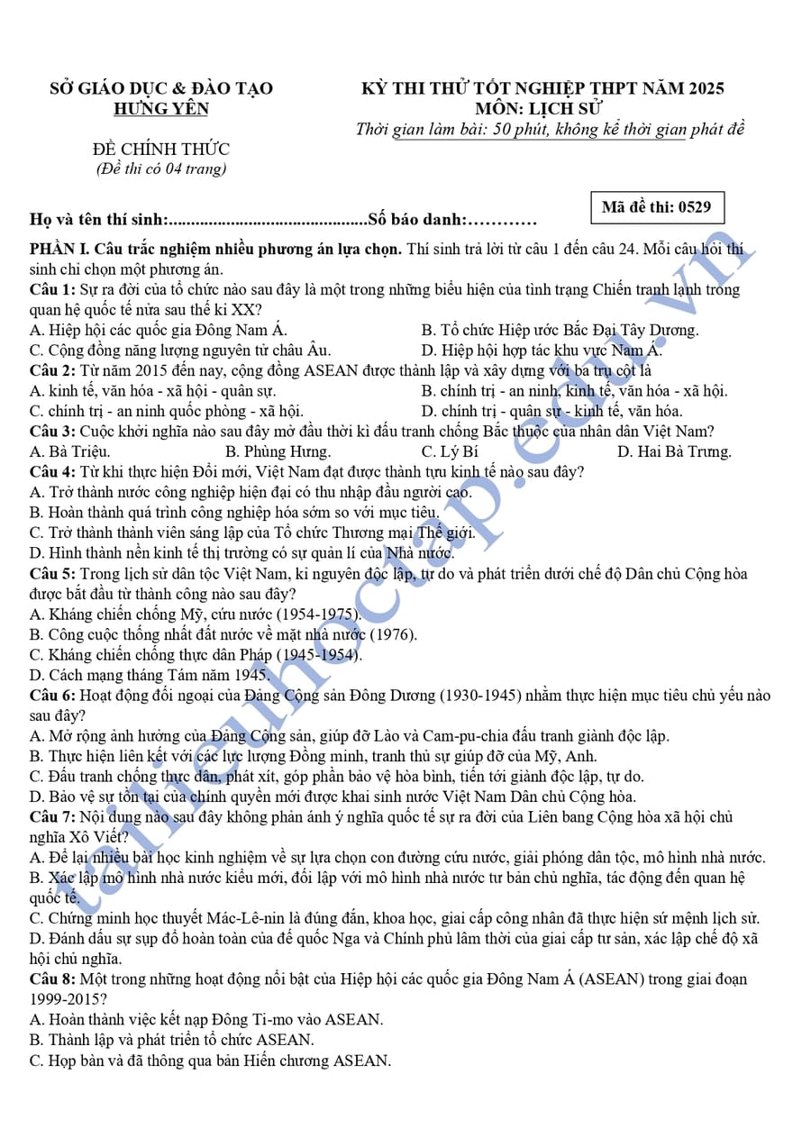 Đề thi thử tốt nghiệp môn sử Hưng Yên 2025