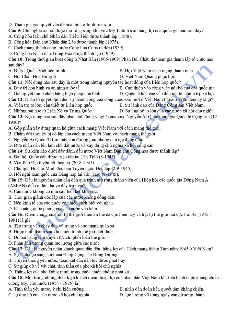 Đề thi thử tốt nghiệp môn sử Hưng Yên 2025 2