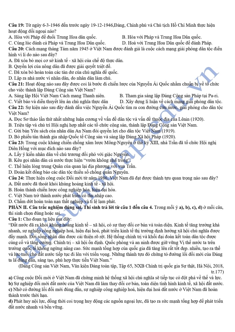 Đề thi thử tốt nghiệp môn sử Hưng Yên 2025 3