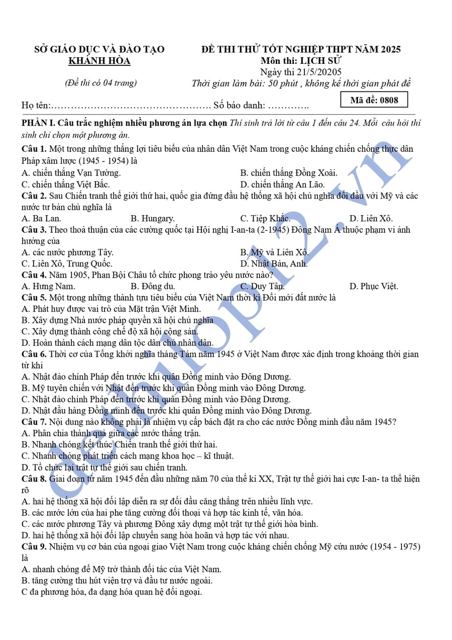 Đề thi thử tốt nghiệp môn sử Khánh Hoá 2025 