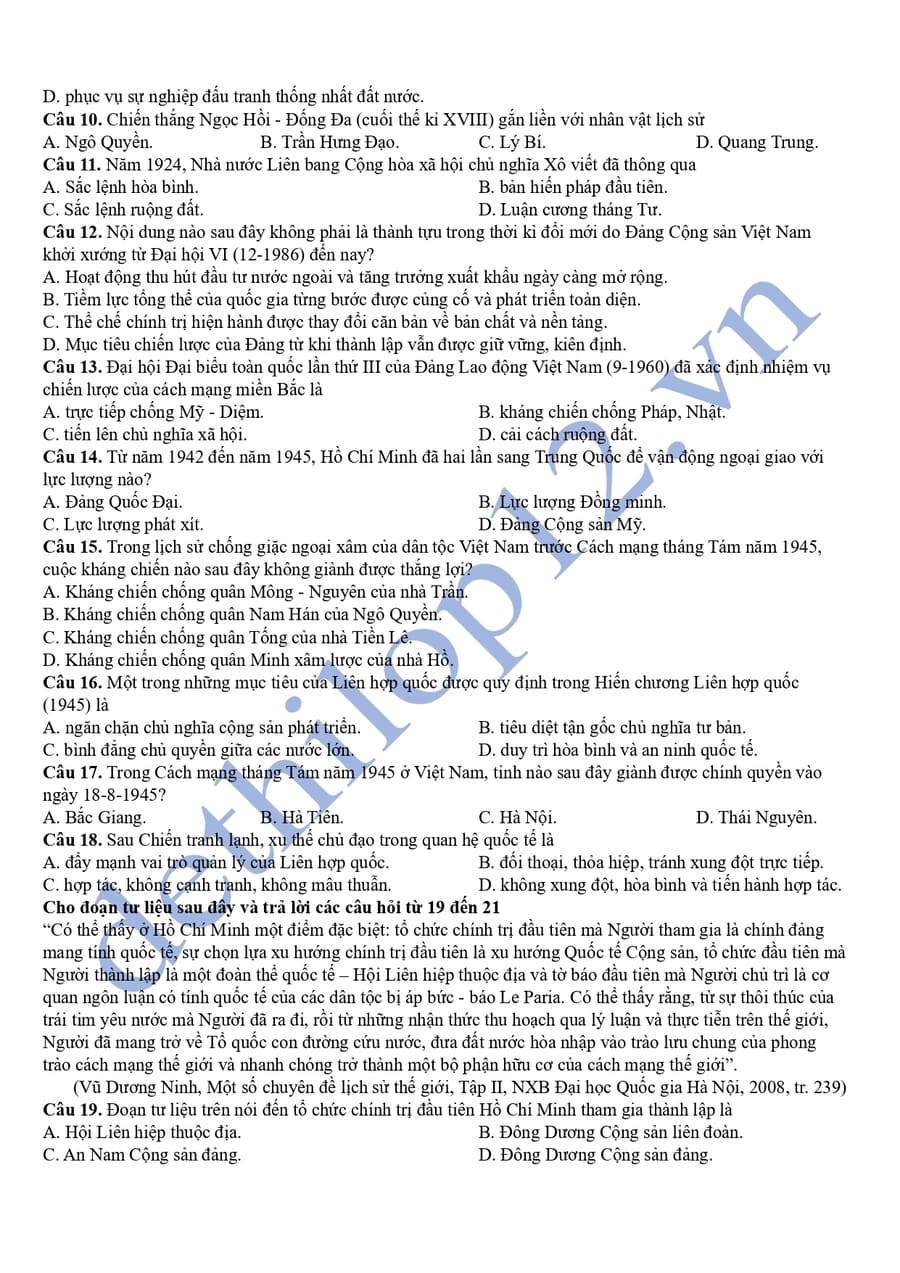 Đề thi thử tốt nghiệp môn sử Khánh Hoá 2025  2