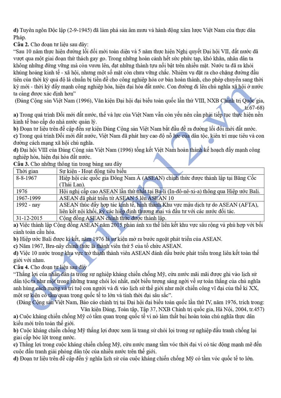 Đề thi thử tốt nghiệp môn sử Khánh Hoá 2025  4