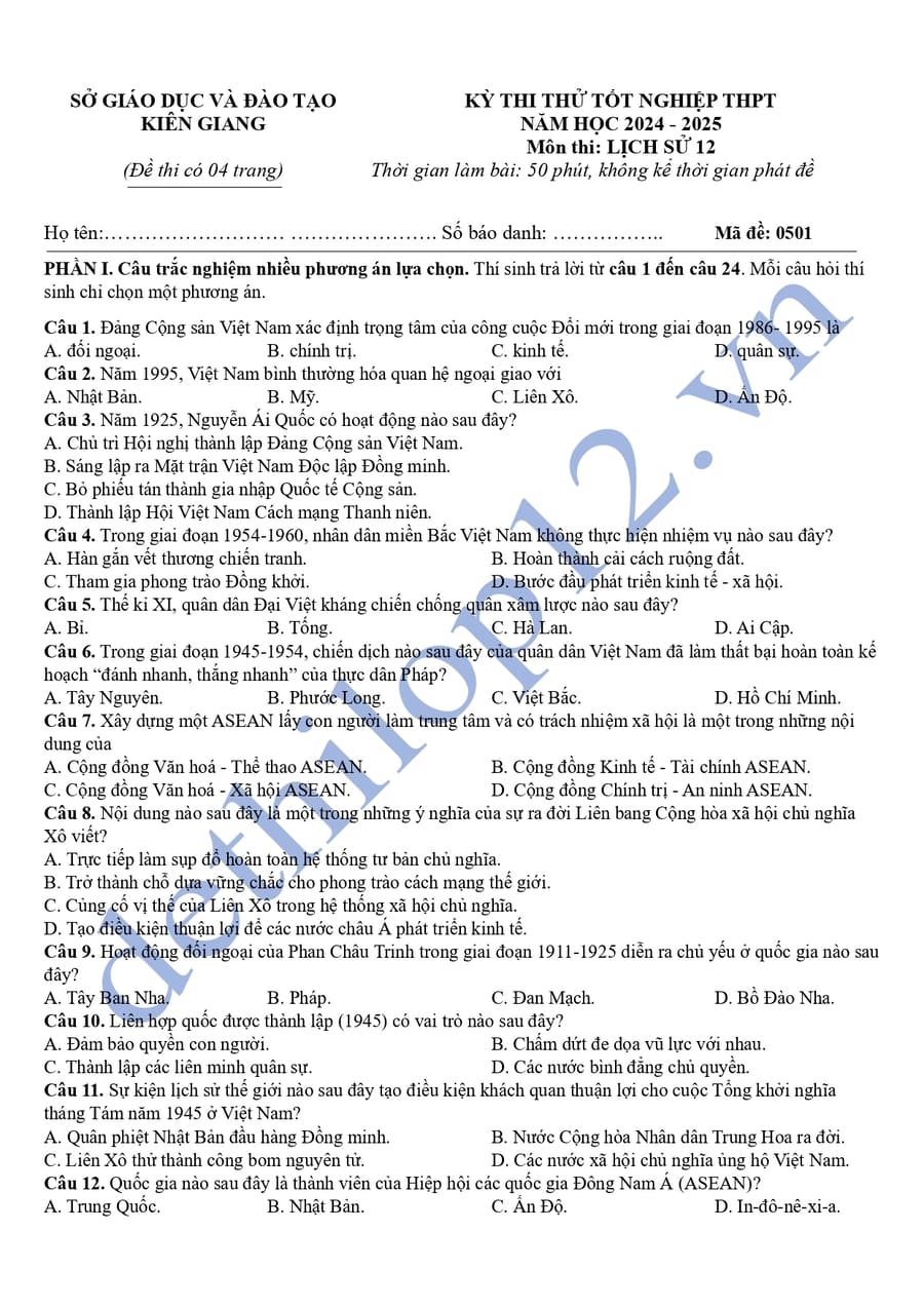 Đề thi thử tốt nghiệp môn sử Kiên Giang 2025