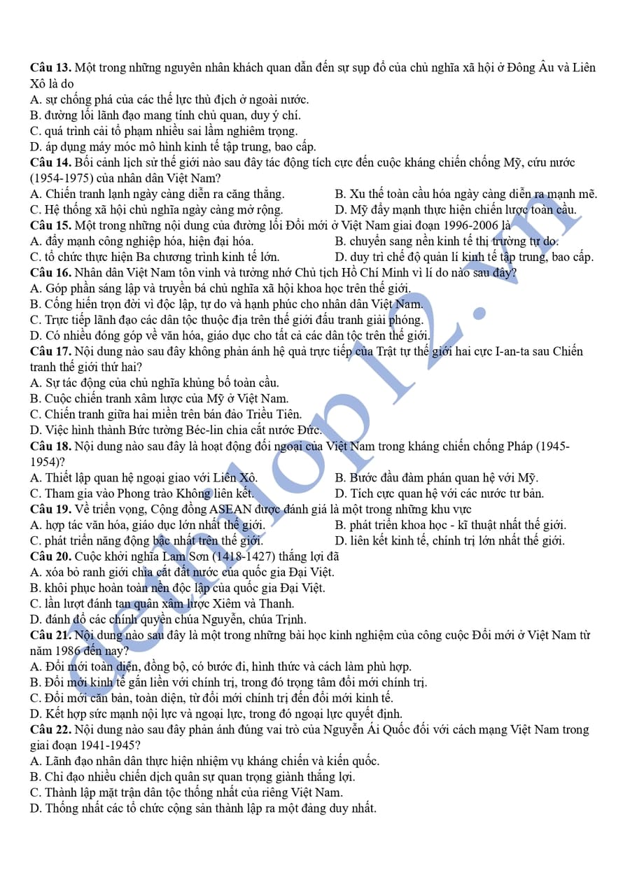 Đề thi thử tốt nghiệp môn sử Kiên Giang 2025 có đáp án