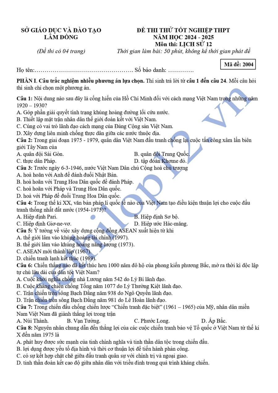 Đề thi thử tốt nghiệp môn sử Lâm Đồng 2025 có đáp án