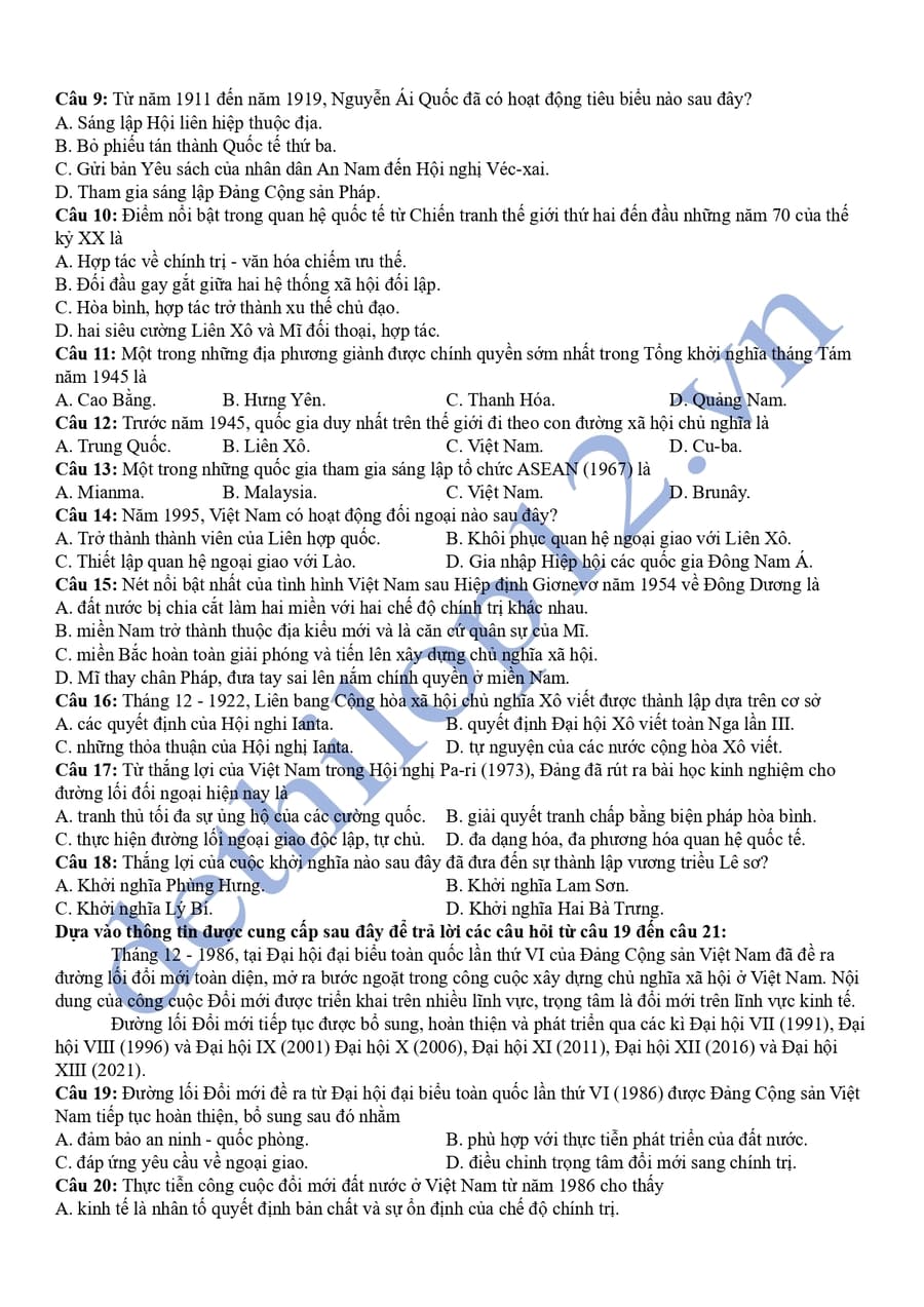 Đề thi thử tốt nghiệp môn sử Lâm Đồng 2025 có đáp án 2