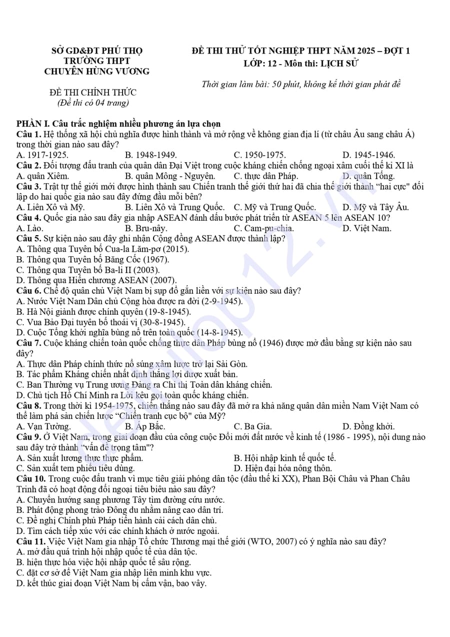 Đề thi thử tốt nghiệp môn sử Chuyên Hùng Vương 2026