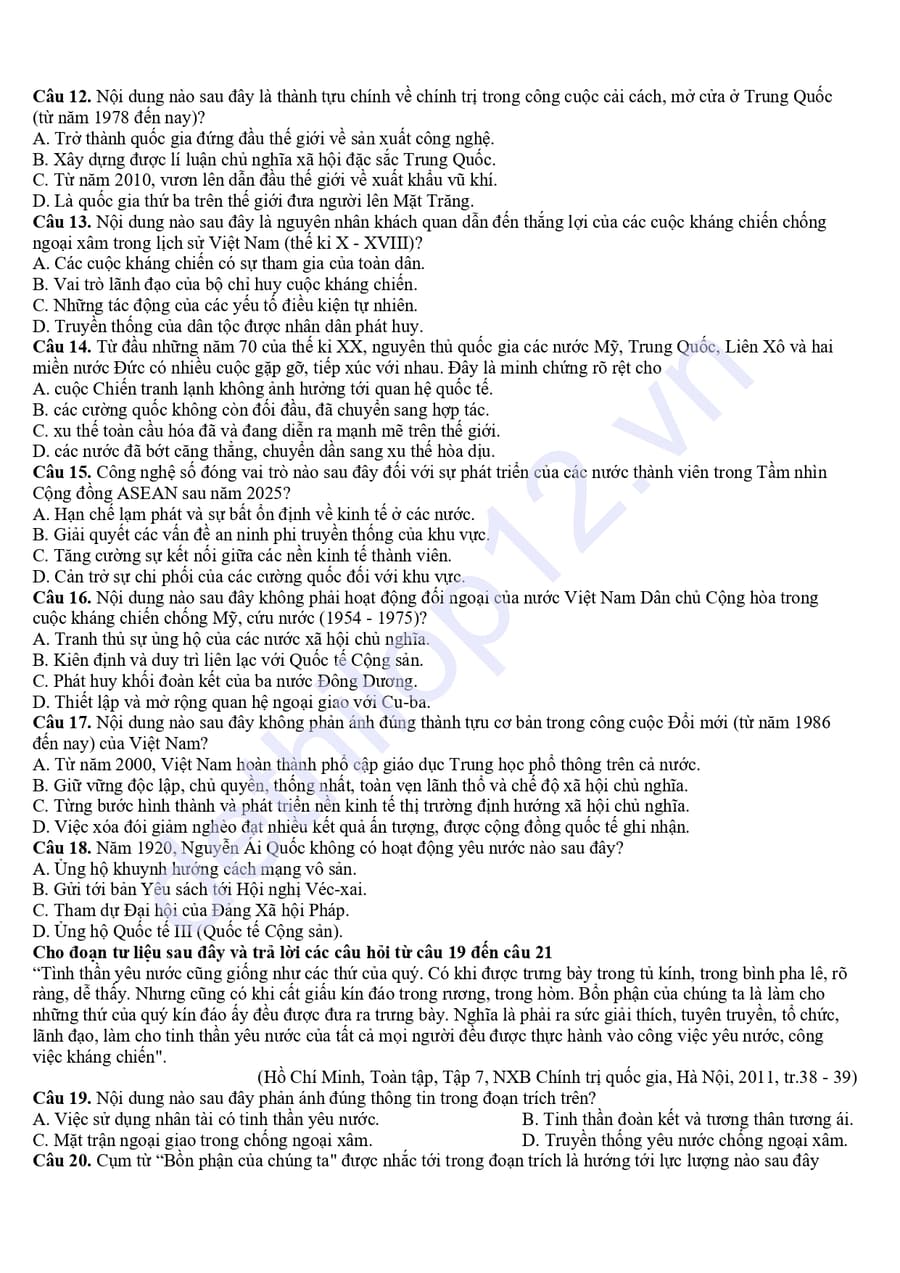 Đề thi thử tốt nghiệp môn sử Chuyên Hùng Vương 2026 2