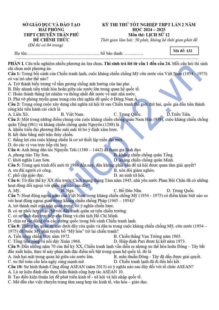 Đề thi thử tốt nghiệp môn sử chuyên Trần Phú 2025
