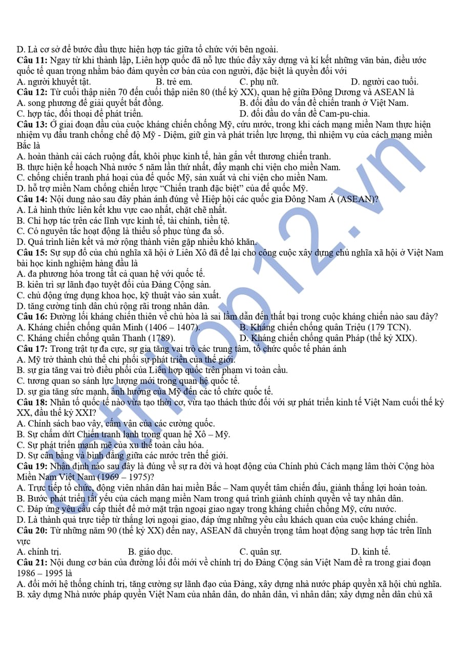 Đề thi thử tốt nghiệp môn sử chuyên Trần Phú 2025 2