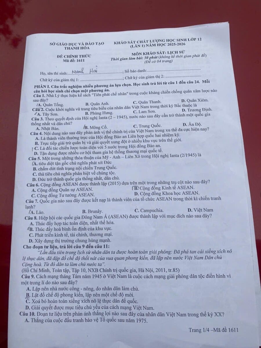 Đề thi khảo sát môn sử Thanh Hoá 2026 lần 1 có đáp án