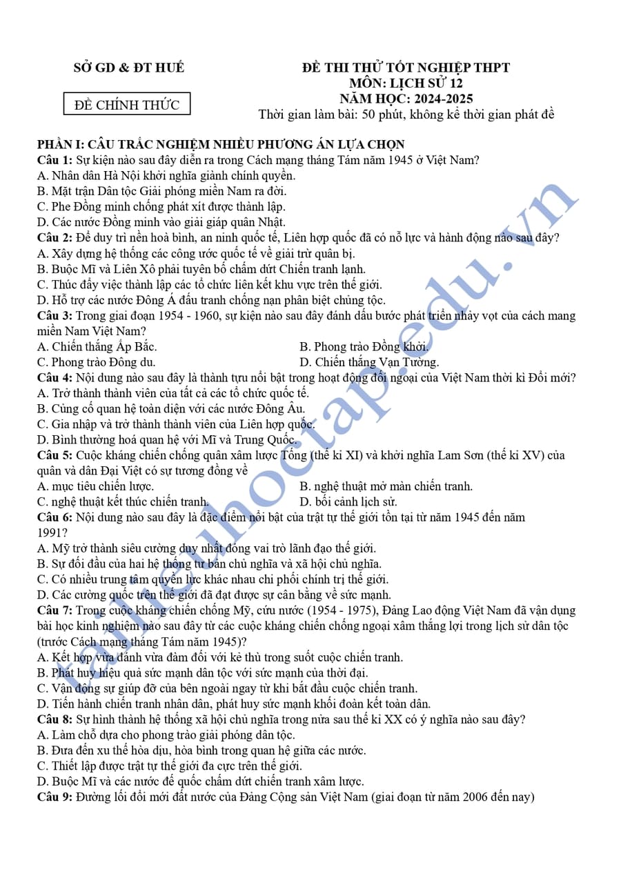 Đề thi thử tốt nghiệp môn sử 2025 TP Huế 