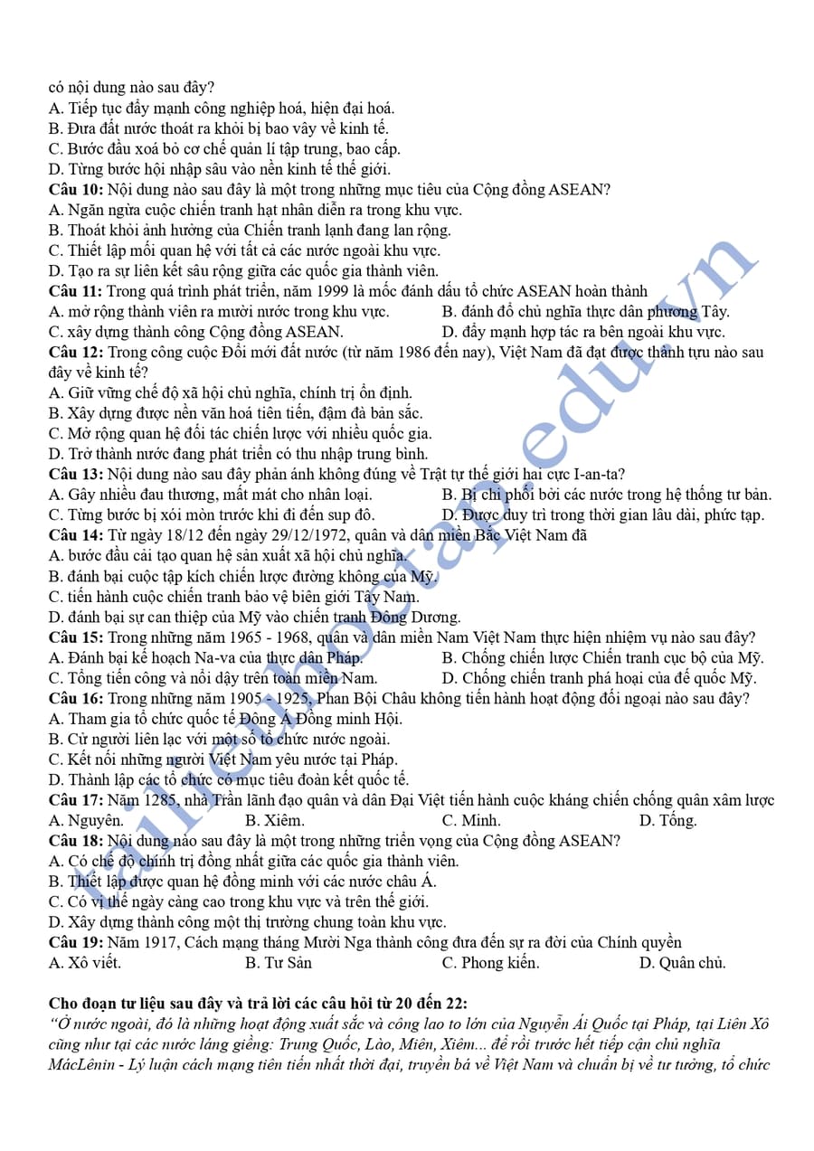 Đề thi thử tốt nghiệp môn sử 2025 TP Huế  2