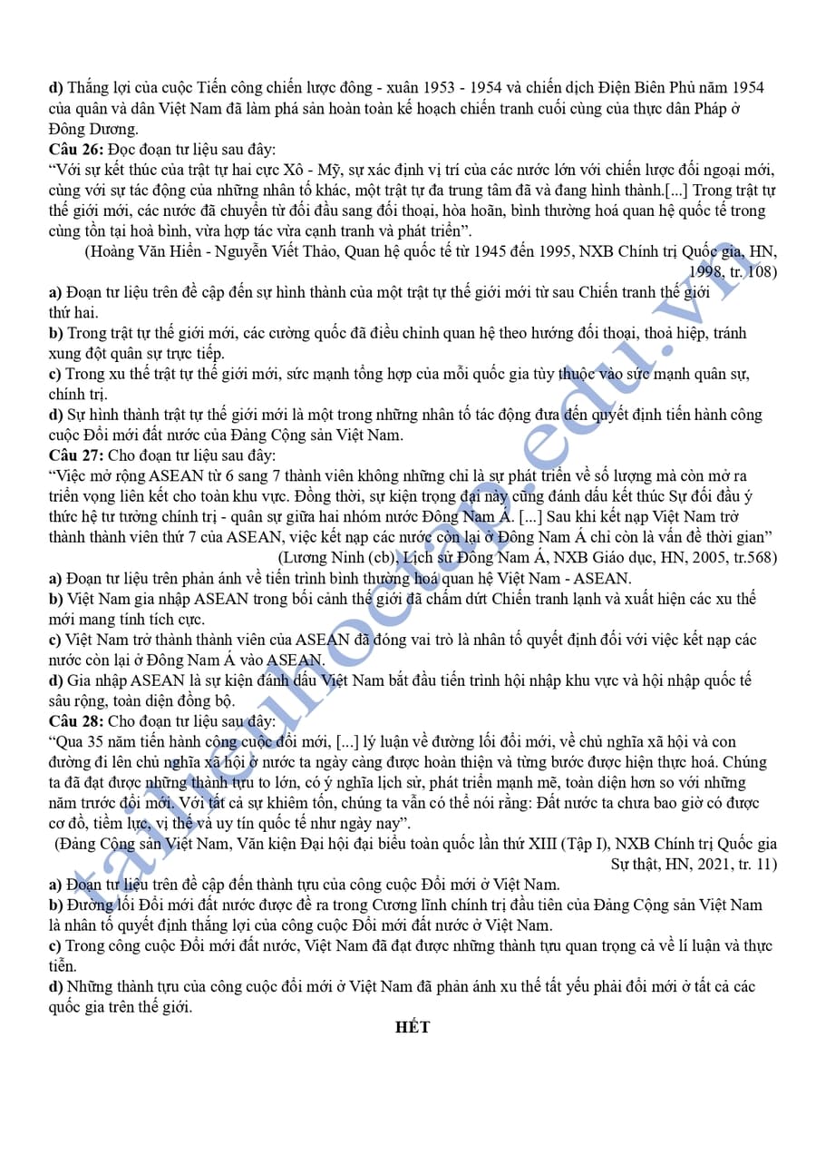 Đề thi thử tốt nghiệp môn sử 2025 TP Huế  4