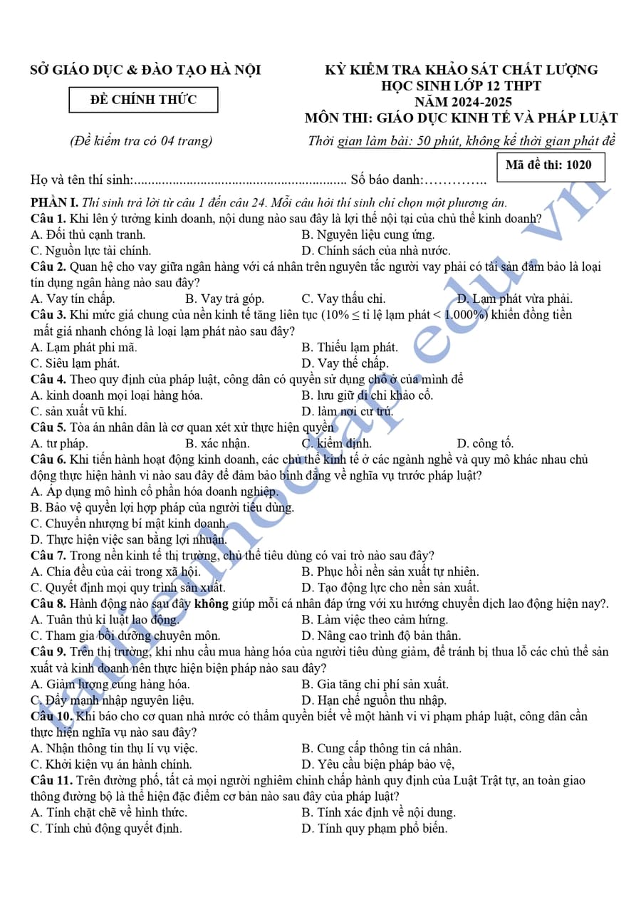 Đề thi thử tốt nghiệp kinh tế pháp luật Hà Nội 2025 