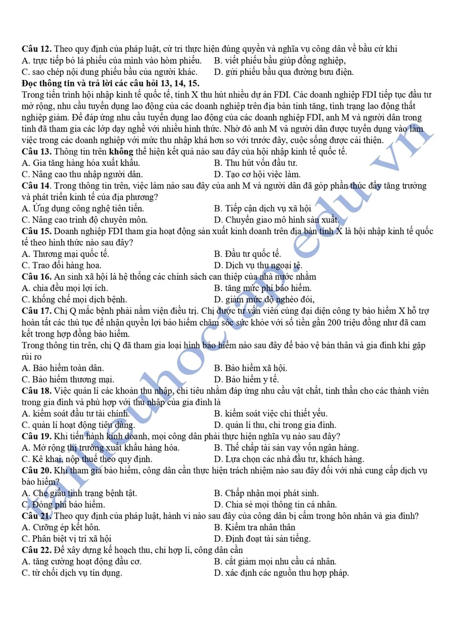 Đề thi thử tốt nghiệp kinh tế pháp luật Hà Nội 2025  2