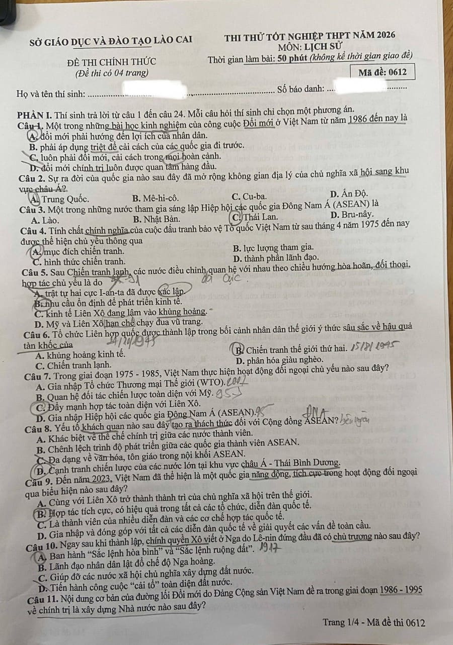 Đề thi thử tốt nghiệp môn sử Lào Cai 2026 